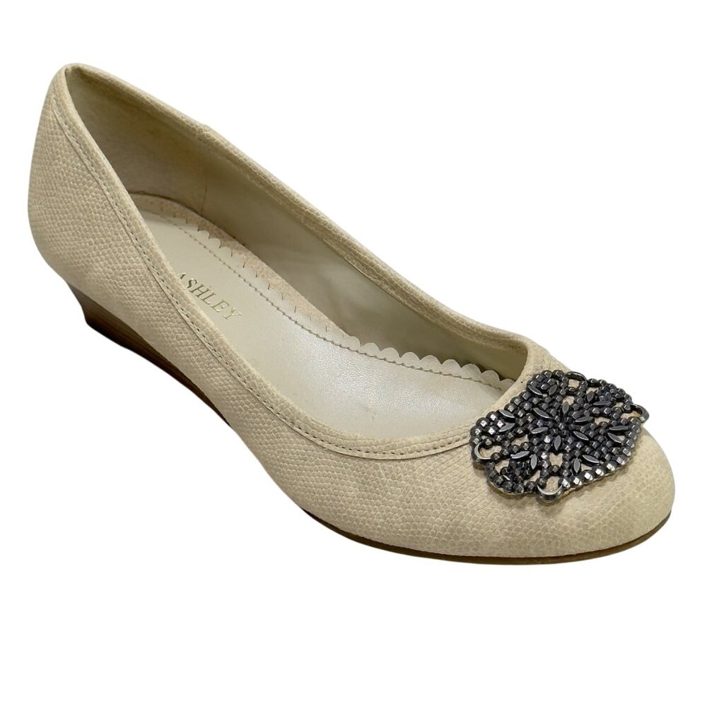 LAURA ASHLEY Women's Beige Wedge Flats Embellished Toe Faux Leather Size 7B